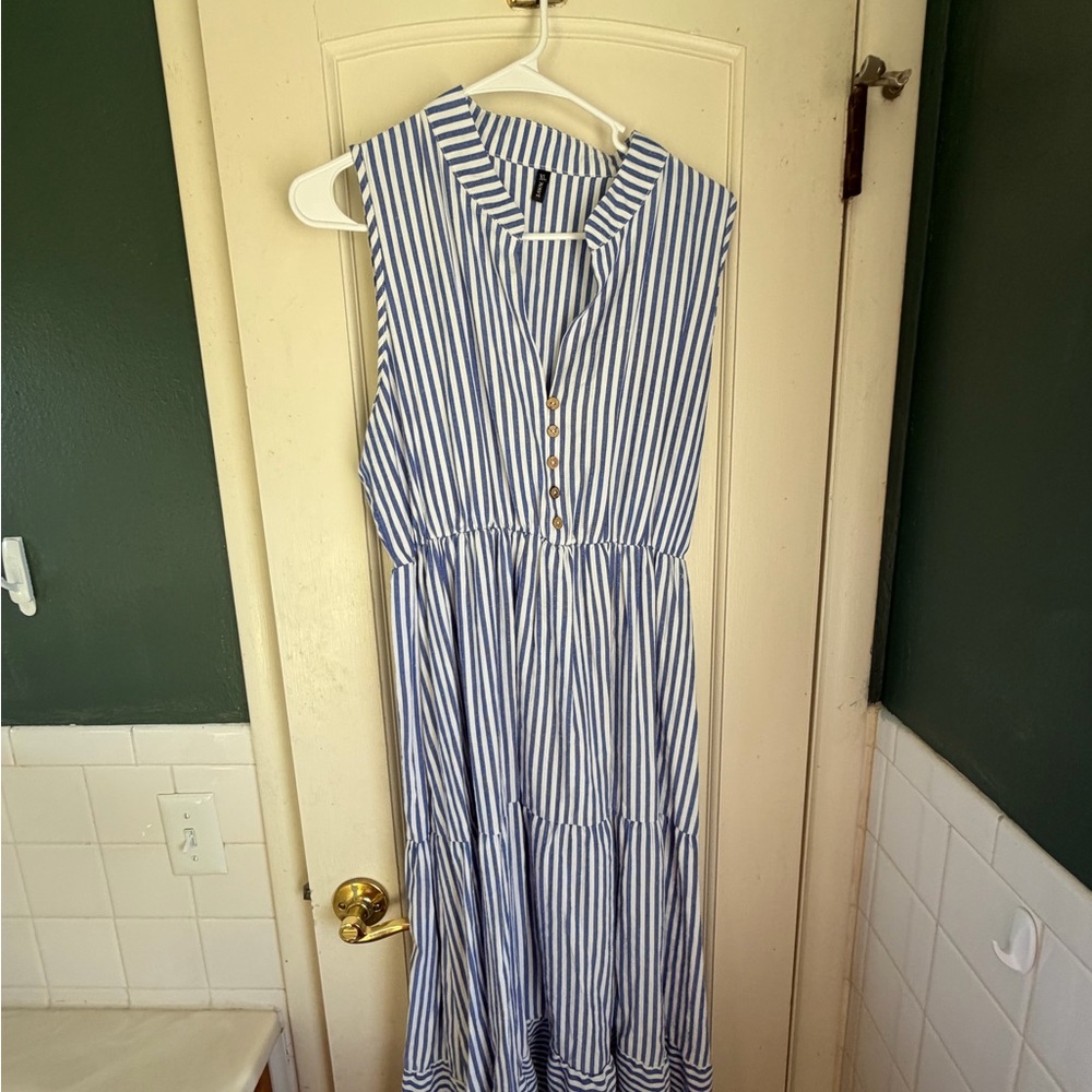 Zara Blue and White Striped Midi Dress